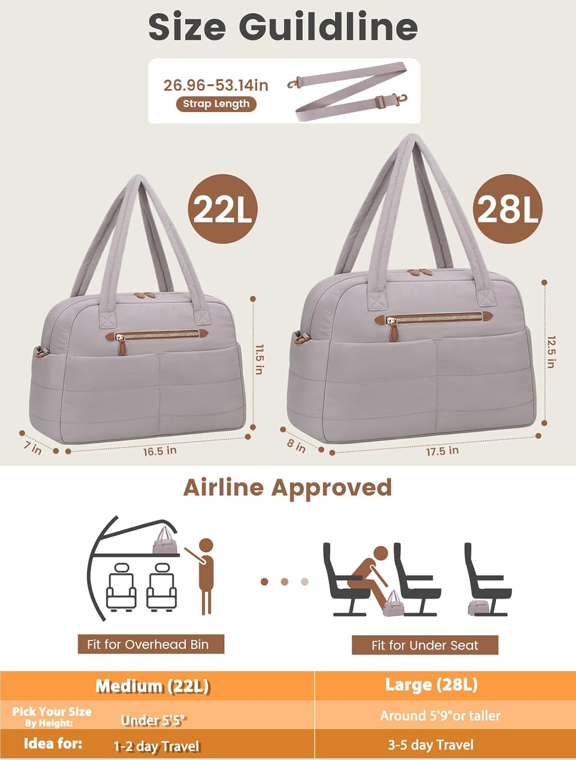 Travel Duffle Bag,Puffer Carry On Duffel Bag with Laptop Compartment Waterproof Overnight Weekender Bags for Women Large Hospital Tote Bags for Labor and Delivery(Medium,Khaki Gray）