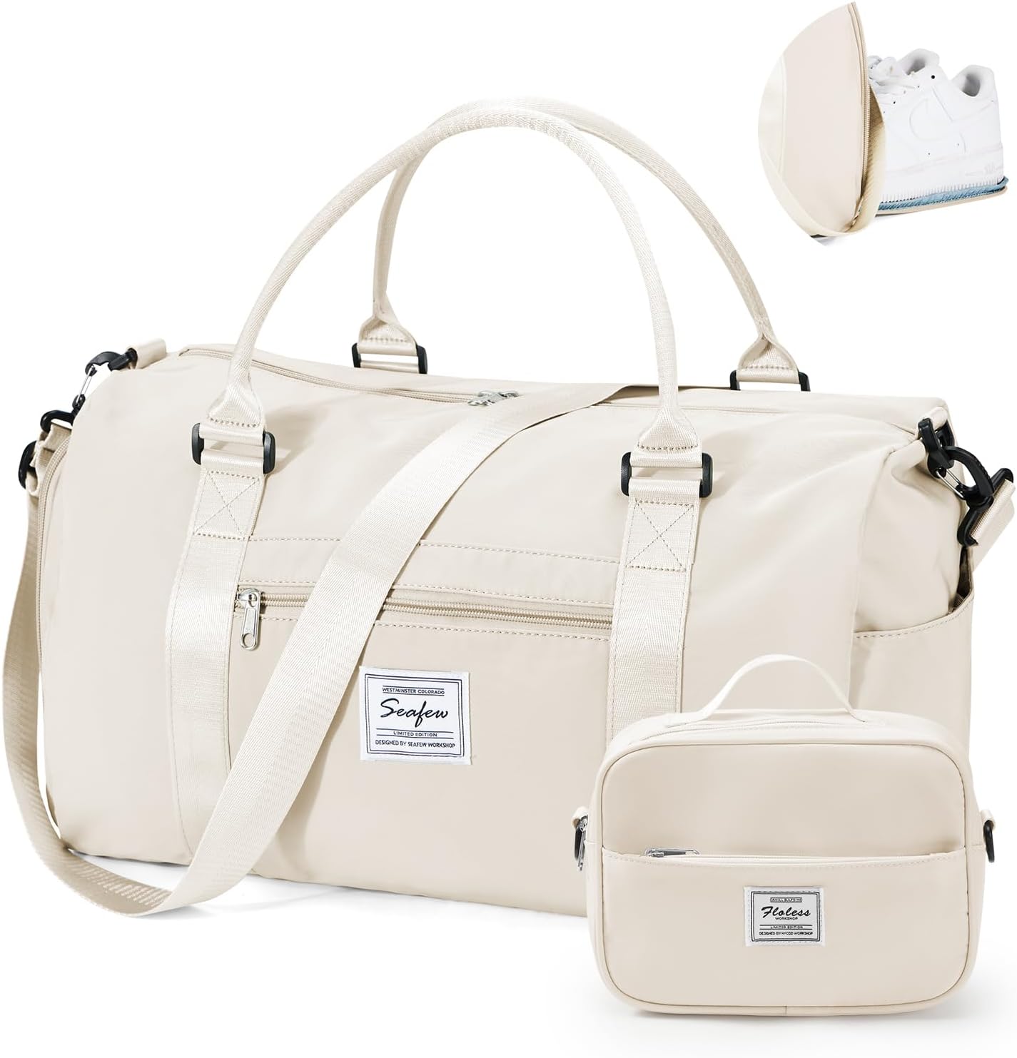 Gym Bag for Women Men with Shoes Compartment & toiletry bag,Sport Swimming Yoga Bag,Waterproof Travel Duffel Bag Small Carry on Bag Overnight Weekender Bags Personal Item Bag for Airlines Cream White