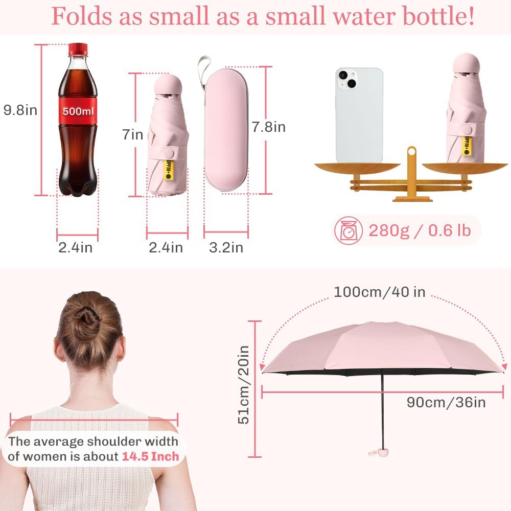 TOPSAIL Mini Umbrella Compact for Travel, UV Sun Protection(UPF50+), Waterproof for Light Rain, Suitable for Women & Kids With a Case, Manual Folding Small Pocket Size Ufor Backpack/Purse