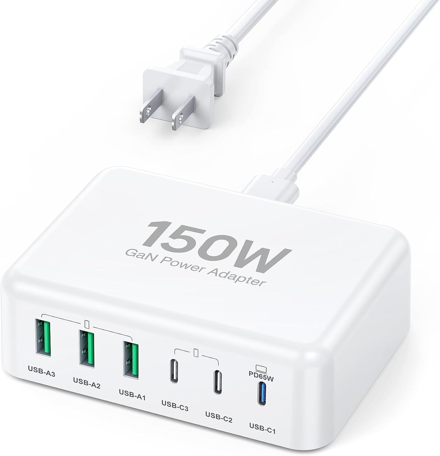 150W USB C Mac Book Pro Charger,6 Port Type C Charging Station PD Hub Brick USB A QC Wall Chargers Power Adapter Desk Plug Cube for iPhone 16 15 ProMax/AirPods4 65W Laptop Charger for MacBook Air Pro