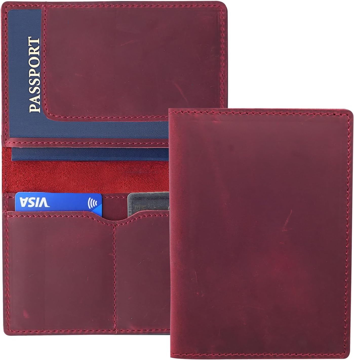 Leather Passport Holder with Travel Wallet, Genuine Leather Passport Cover- Passport Wallet, Leather Folding Wallet for Passports (Straight Cut, Red)