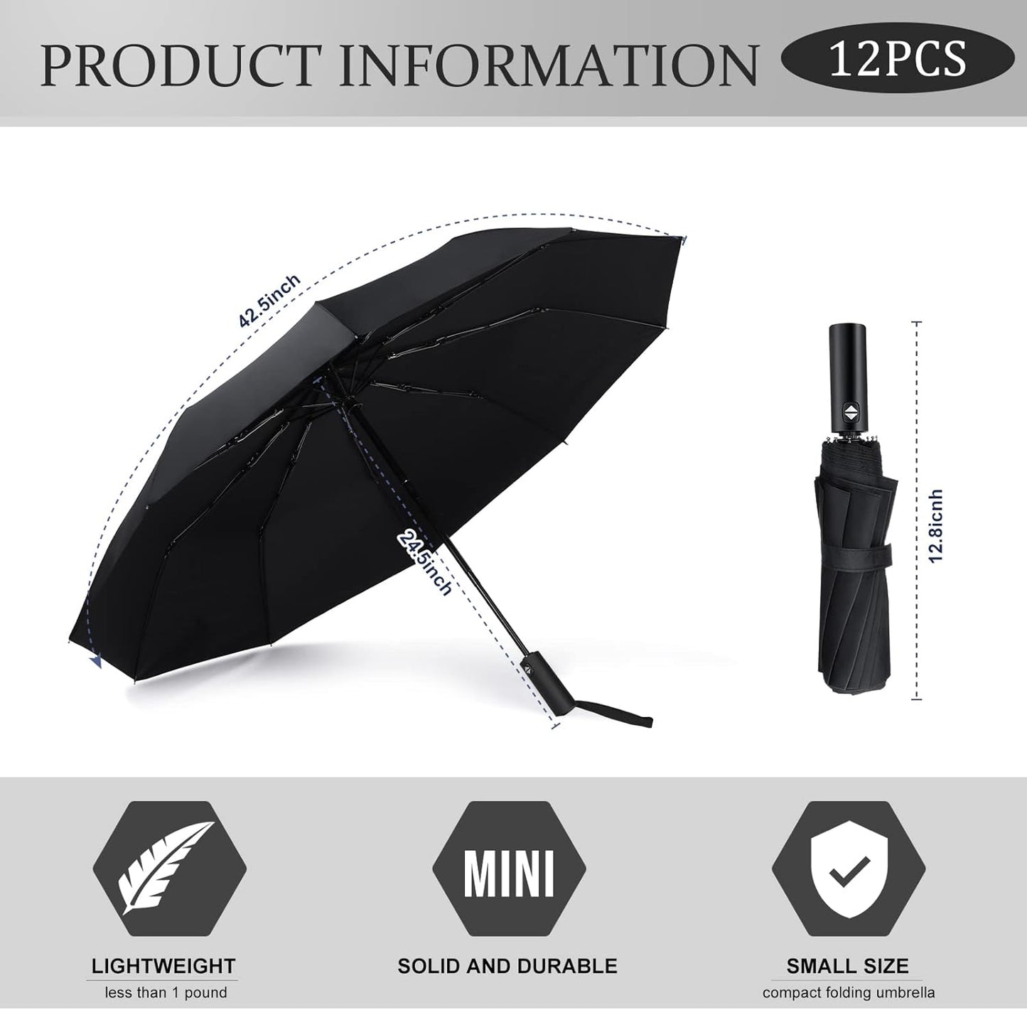 Jexine Automatic Open Close Umbrella Bulk 10 Ribs Portable Travel Windproof Compact Strong Light Folding Umbrellas for Rain Car Backpack, Black(12 Pcs)