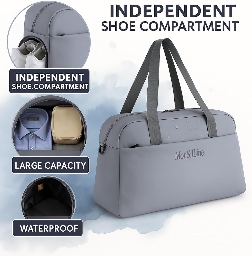 Gym Bag for Women Men with Shoe Compartment, Waterproof Small Duffle Bag for Travel, Sports, Weekend Lightweight Carry On Tote Bag(Gray)