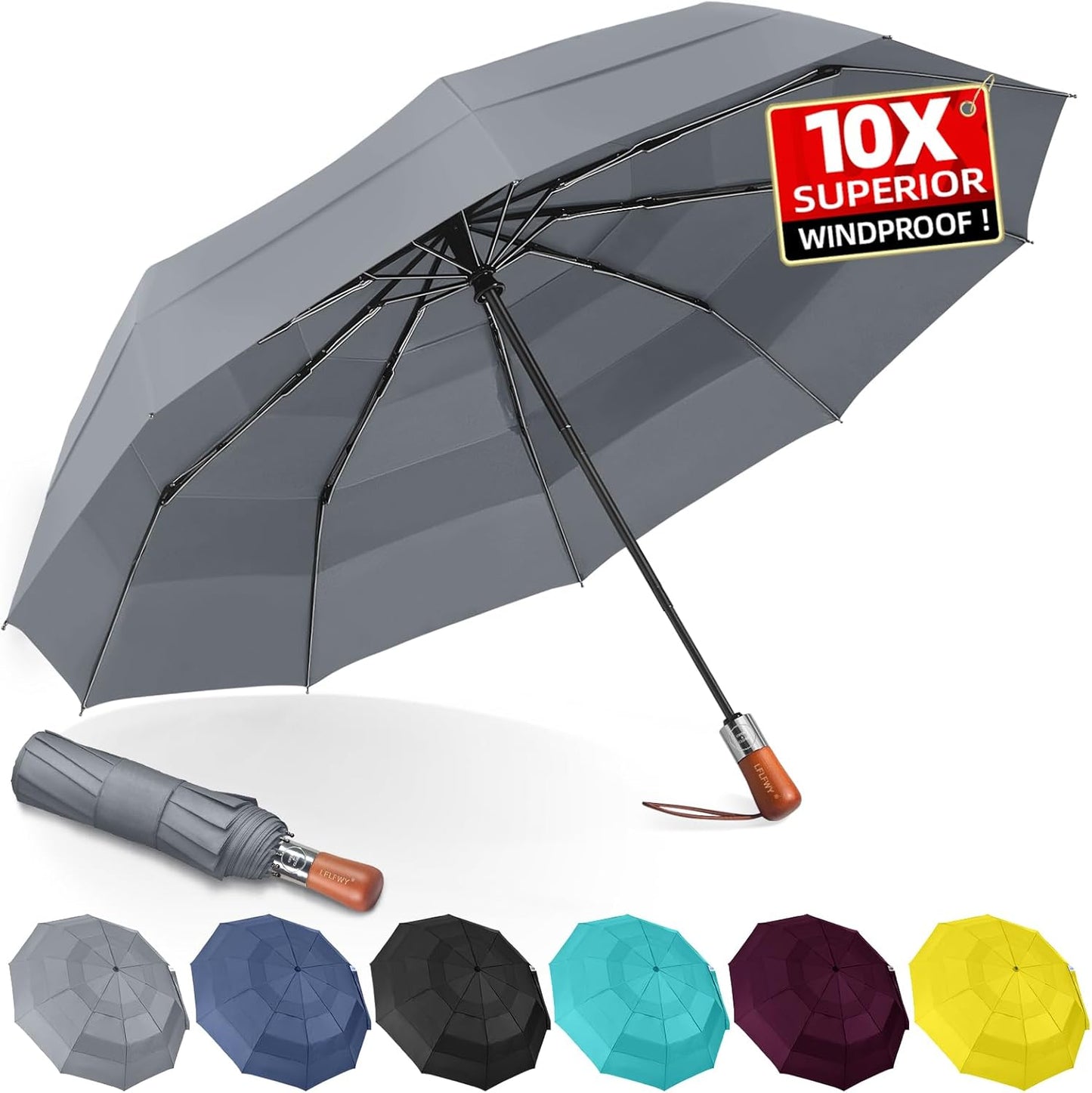 Umbrella Strong Windproof, Triple-Layer Canopy, 10 Fiberglass Ribs, Auto Open/Close, Wooden Handle, Sleeve with Anti-Loss Hook, Umbrellas for Travel & Commute & Daily Use & Gift