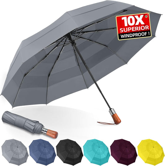 Umbrella Strong Windproof, Triple-Layer Canopy, 10 Fiberglass Ribs, Auto Open/Close, Wooden Handle, Sleeve with Anti-Loss Hook, Umbrellas for Travel & Commute & Daily Use & Gift