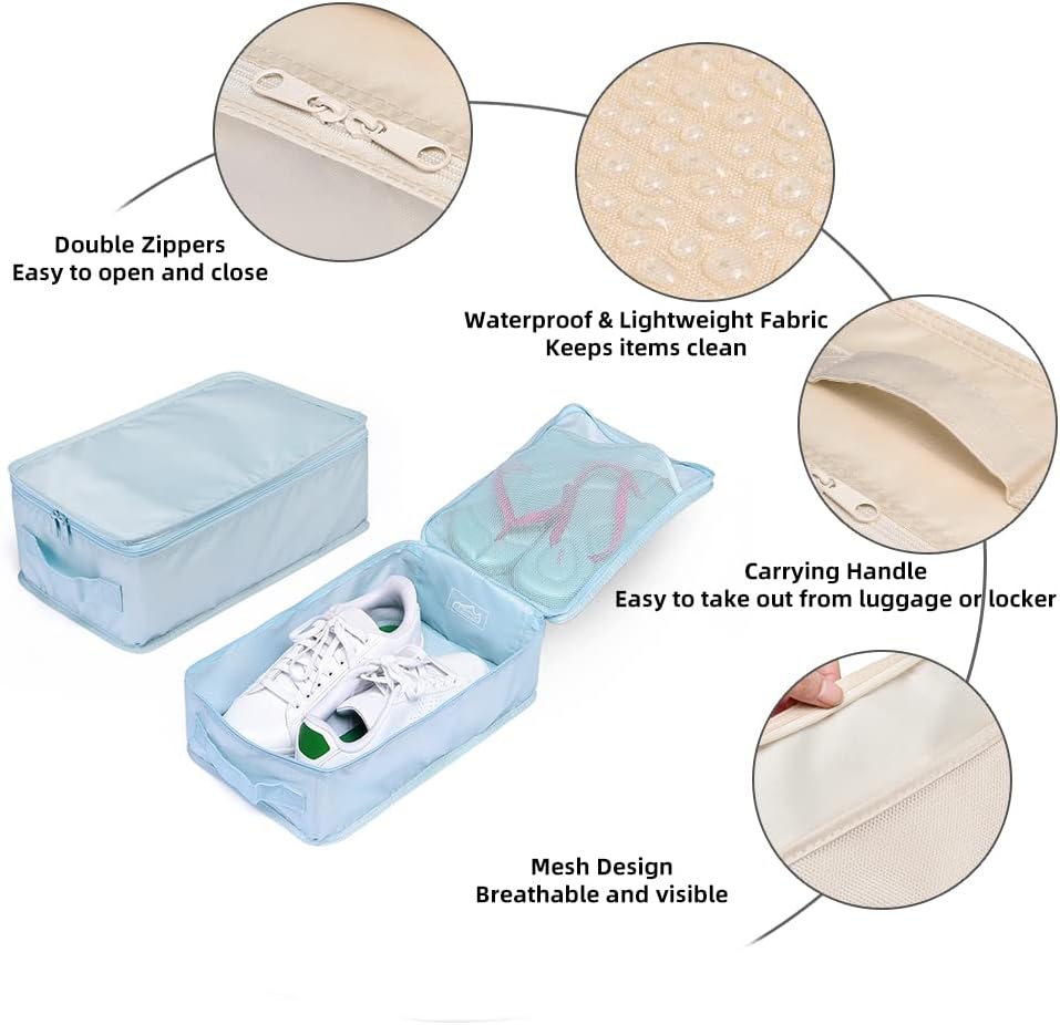 Travel Shoe Bags, Foldable Waterproof Shoe Pouches Organizer-Double Layer (2+2 Blue Shoebags)