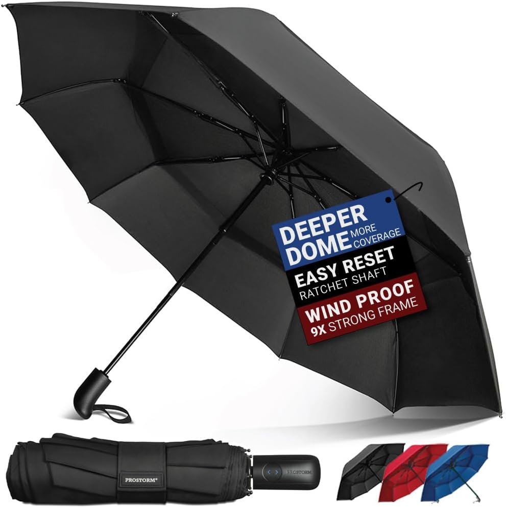 Vented Travel Umbrella | Strong Compact Windproof Umbrella | Top Pick by Wirecutter 2025 | Deep Dome Coverage | Auto Open/Close | Portable Pop Up with Large Coverage | Fits Car & Backpack