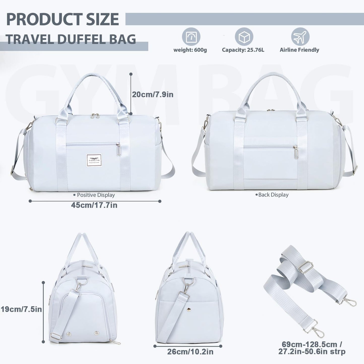 FIORETTO Womens Gym Tote Duffle Bag with Wet Pocket & Shoe Compartment, Sports Duffel Overnight Weekender Hospital Workout Carry on Bag for Girls, Ideal for Travel, Swimming, Dance, Ballet Grey