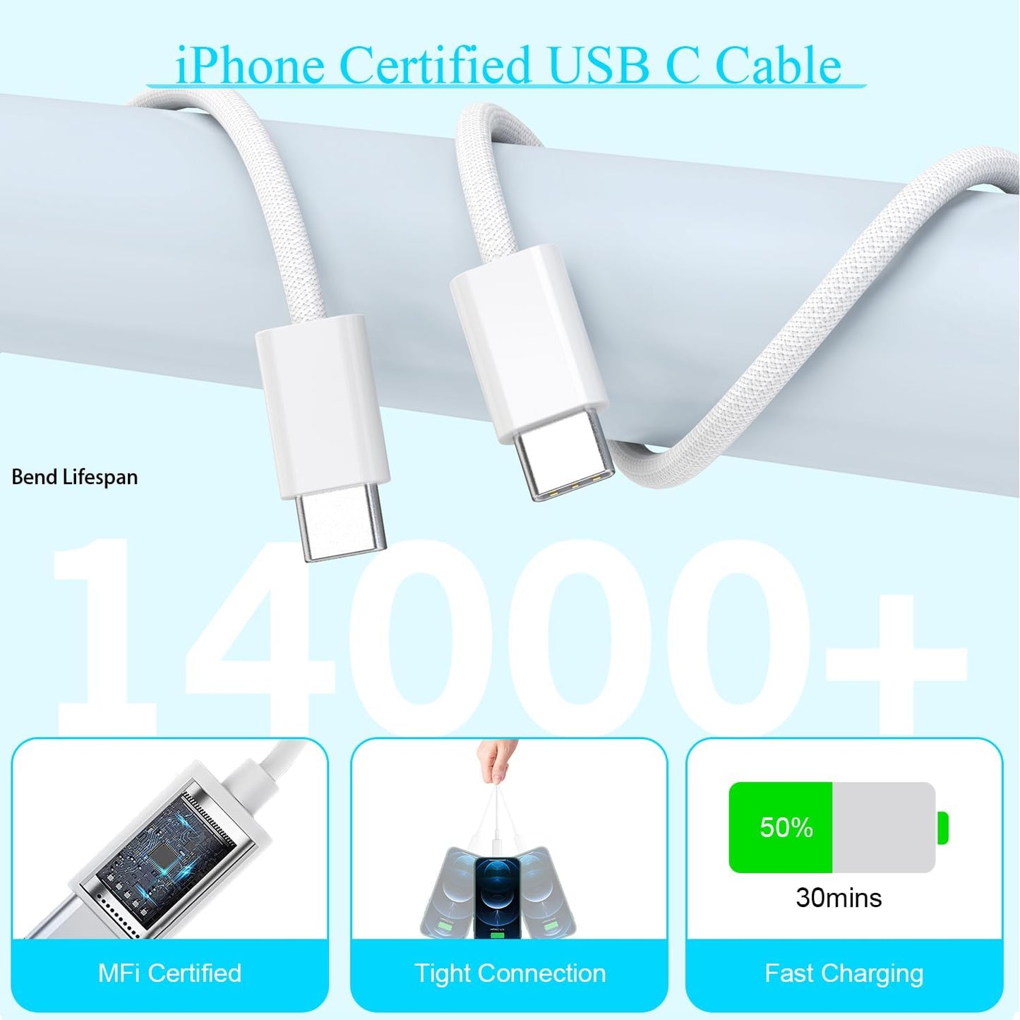10FT Woven Cable for Apple 17 16 15, 60W 10Foot USB C to Type C Braided Charger Cable Cord & 20W USB C Charger Block Cube Travel Plug Super Quick Charging for iPhone 17 16 15/Plus/Pro/Pro Max,iPad Pro