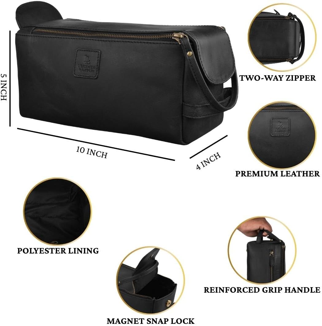 Leather Travel Toiletry Bag for Men & Women – Genuine Leather Dopp Kit, Shaving Organizer, Waterproof Lining, Spacious Toiletry Organizer Gift for Unisex - Midnight Black