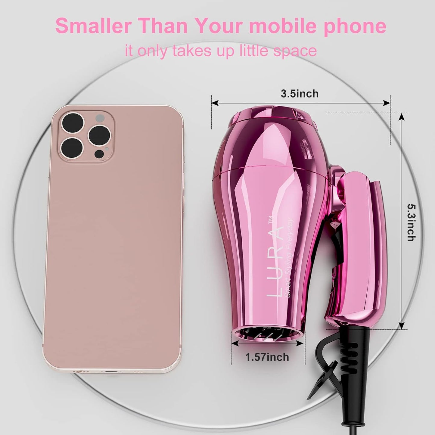 LURA Mini Portable Travel Hair Dryer:Dual Voltage Small Lightweight Blow Dryer with EU Plug,1200W Compact Hairdryer with Folding Handle,with Concentrator&Diffuser Attachment,for Women and Men