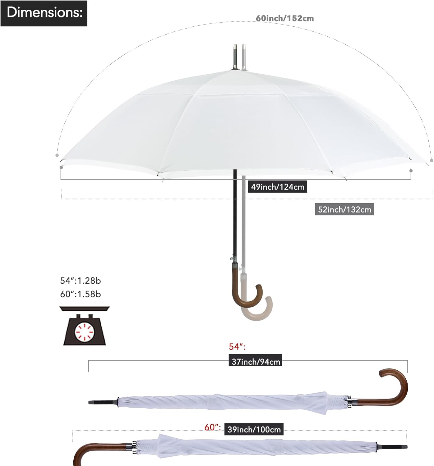 ZEKAR Wooden J-Handle Umbrella, 54/62 / 68 inch, UV & Classic Versions, Large Windproof Stick Umbrella, Auto Open for Men and Women Golf umbrella (white, 54”Black-pack-of-2)
