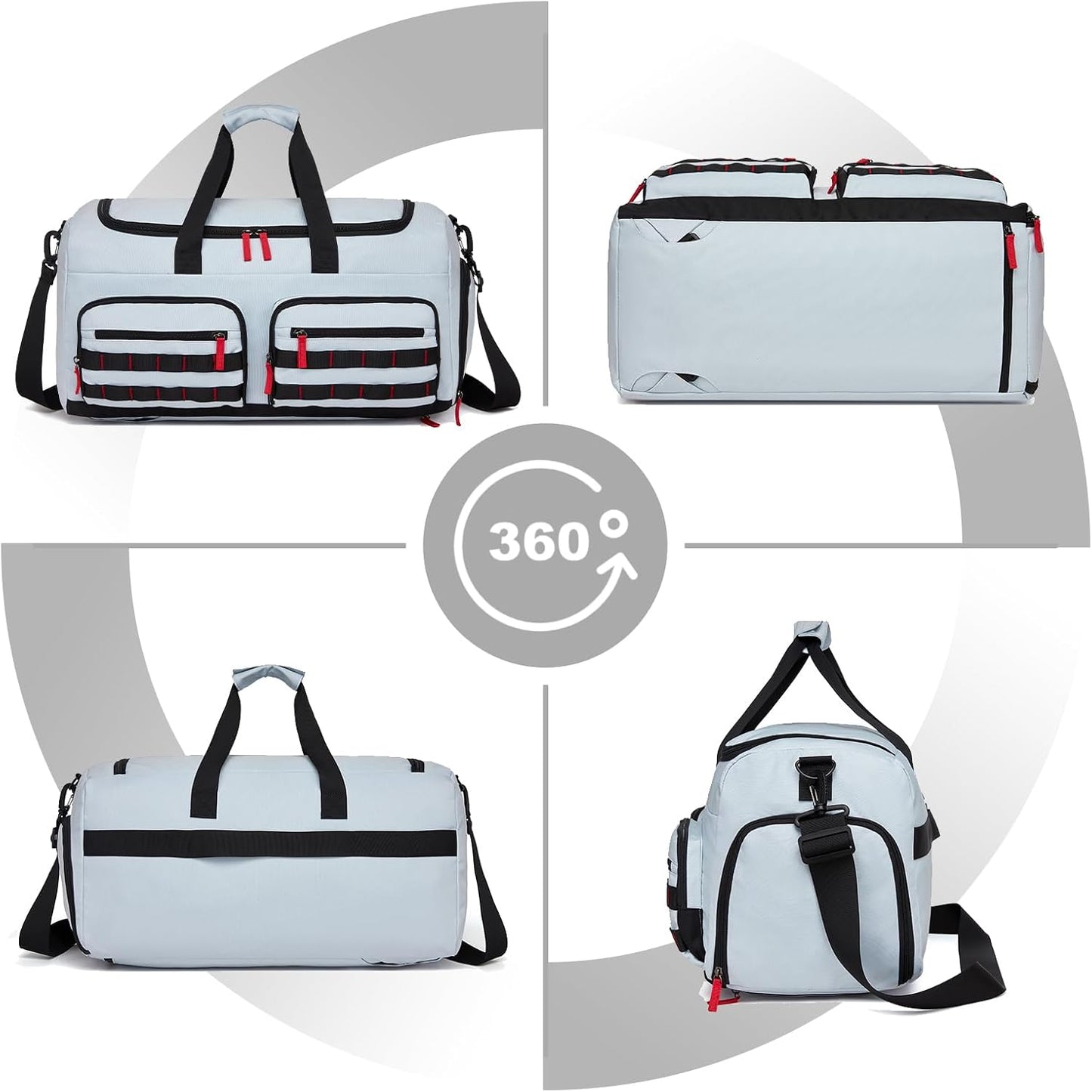 Gym Bag for Men Women, 3-in-1 Weekender Overnight Backpack Carry On, Sports Travel Duffel Bag with Webbing System, Water Resistant, Grey