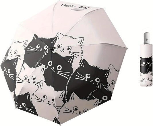 Compact Cat Umbrella - Automatic Folding, Dual-Use Rain and Sun Protection, Black Coating Anti-UV, Windproof, Lightweight, Portable Travel Companion for Men and Women