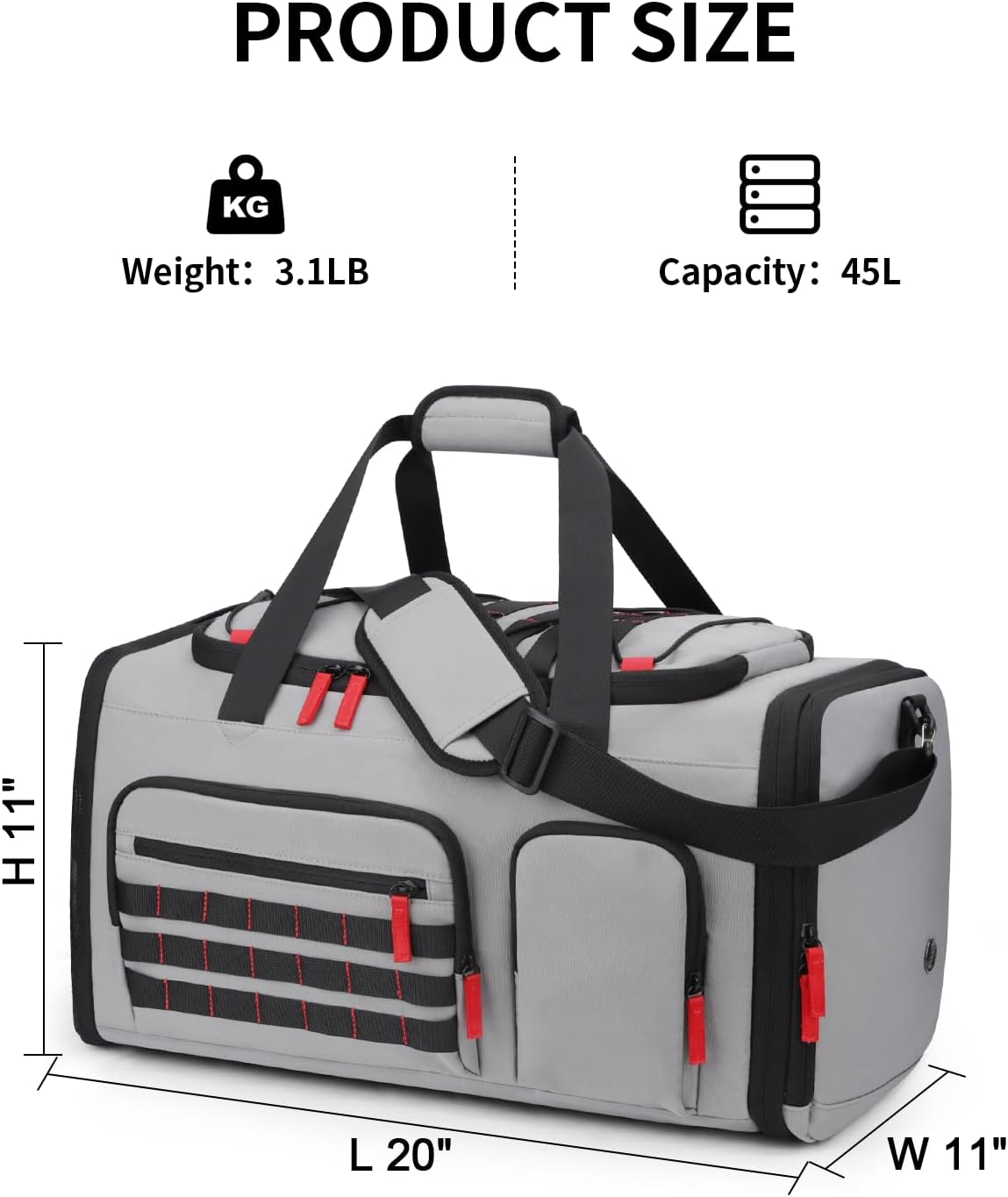 Gym Bags for Men Women, 45L Sports Travel Duffle Bag with Shoe Compartment, 3 in 1 Weekener Overnight Backpack with Wet Pocket, Grey