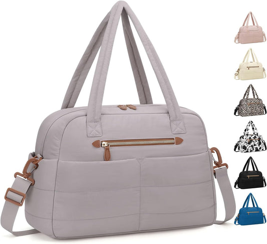 Travel Duffle Bag,Puffer Carry On Duffel Bag with Laptop Compartment Waterproof Overnight Weekender Bags for Women Large Hospital Tote Bags for Labor and Delivery(Medium,Khaki Gray）