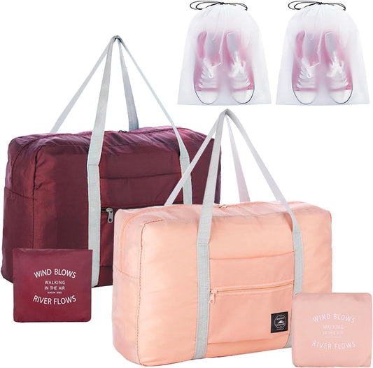 2PCS Travel Duffle Bag Tote Carry on Bag Nylon Lightweight Foldable Travel Bag Water Resistant Sports Gym Duffle Weekender Overnight Bag (Pink+Red+2Pe bag)