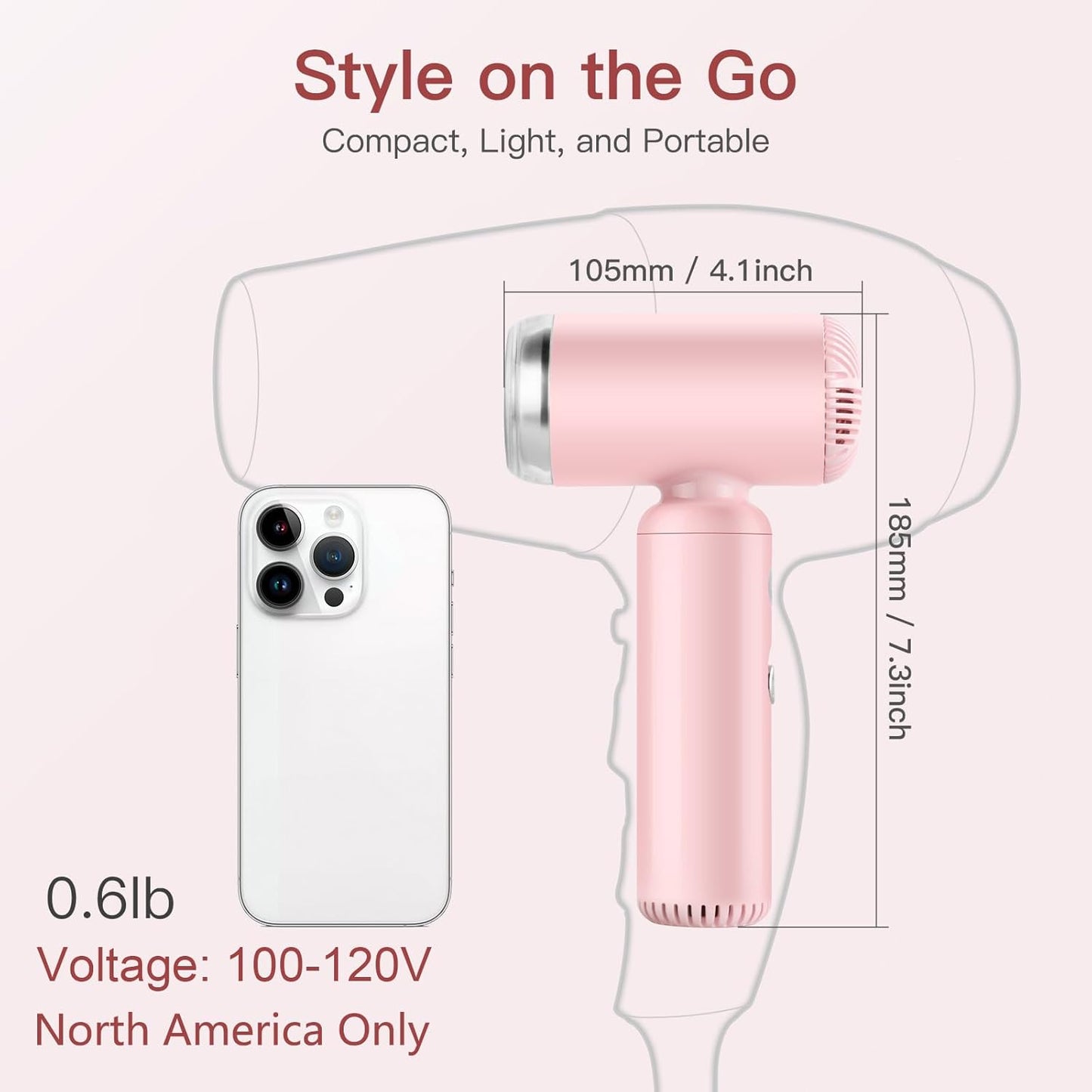 Hair Dryer, [Super Mini] Ionic High-Speed Blow Dryer 110V Travel 200 Million Negative Ions, 110,000RPM Brushless Motor for Home Salon Fast Drying Portable Lightweight, Pink