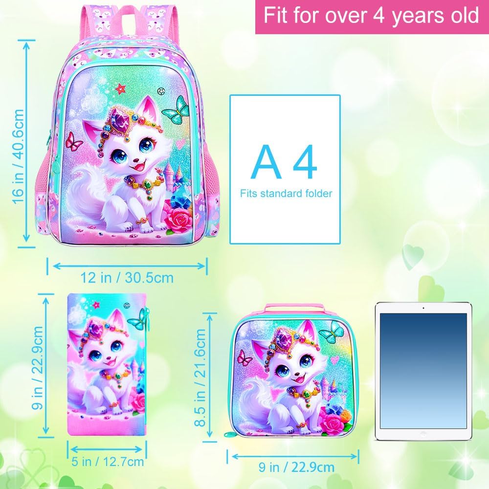 16" Fox Backpack for Girls, 3Pcs Kids Bookbag for Elementary Preschool Kindergarten, School Backpacks with Lunch Box(Pink)