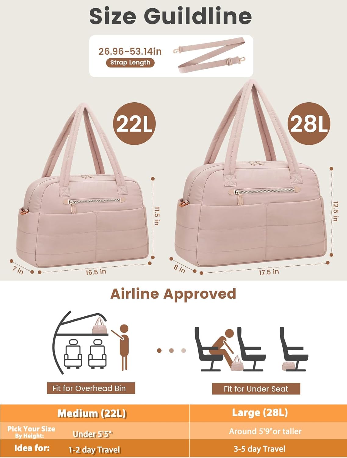 Travel Duffle Bag,Puffer Carry On Duffel Bag with Laptop Compartment Waterproof Overnight Weekender Bags for Women Large Hospital Tote Bags for Labor and Delivery(Large,Pink)