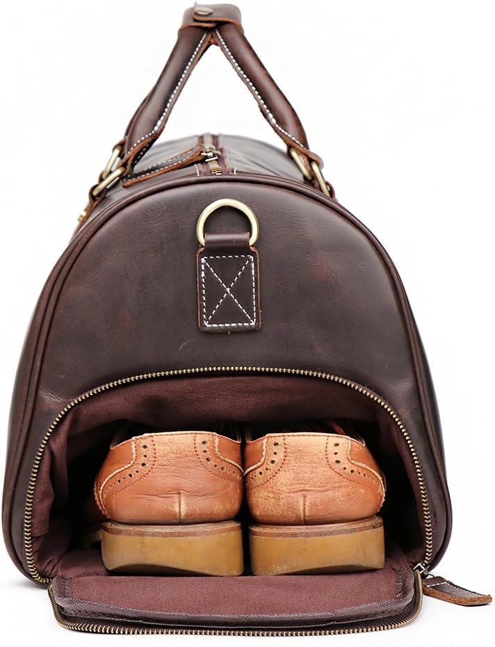 Leather Travel Luggage Bag, Mens Duffle Retro Carry on Handbag (Dark Browm, 22 Inch)