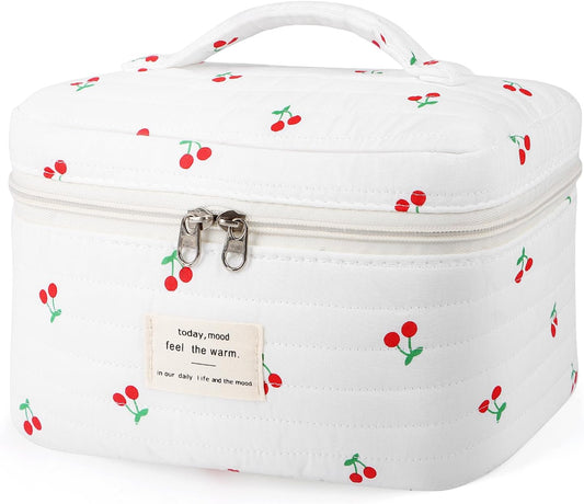 Large Travel Quilted Makeup Bag for Women, Floral Cotton Cosmetic Bag Cute Coquette Aesthetic Floral Toiletry Organizer Bag for Girls Cherry Flower Cosmetic Zipper Storage Bag