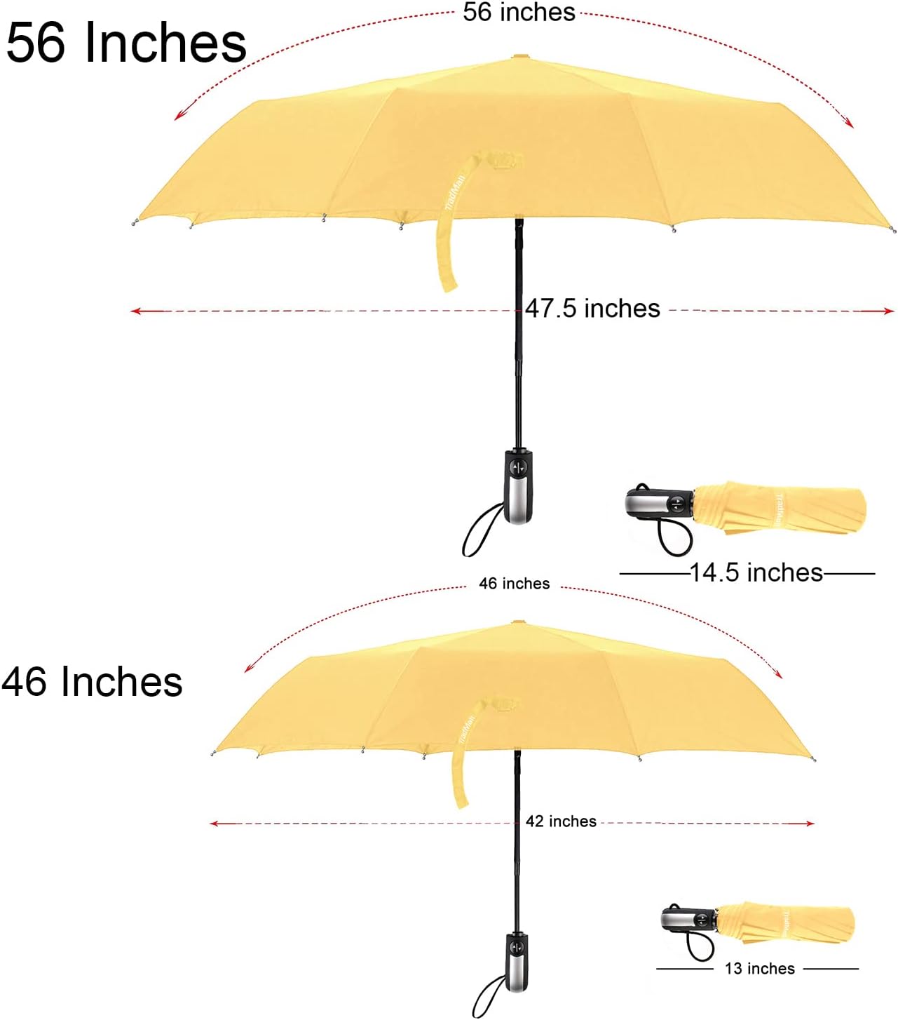 TradMall 2 Pack Travel Umbrella Windproof 46/56 Inches Large Canopy Reinforced Fiberglass Ribs Auto Open & Close