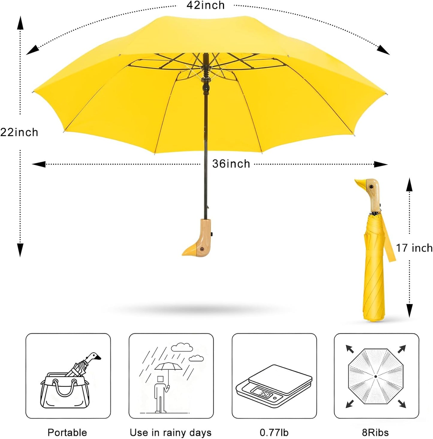 LEAGERA Cute Duck Head Umbrella - Auto Open & Manual Close Easy Folding Portable Lightweight Umbrella for Rain Wood Handle Duck Gifts