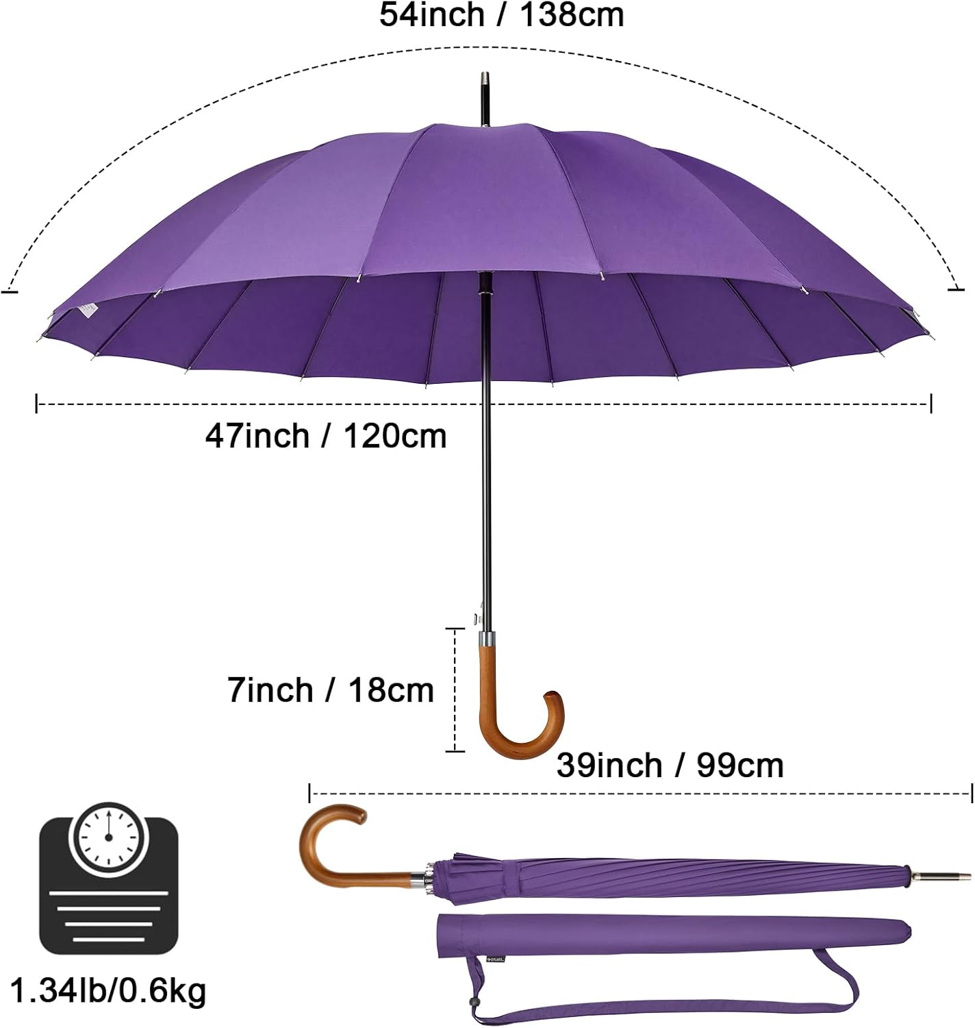 G4Free 54 Inch Large Windproof Umbrella for 2 Persons, 16 Ribs Auto Open Classic Wooden J Handle Cane Stick Golf Rain Umbrellas for Men Women Travel 120cm