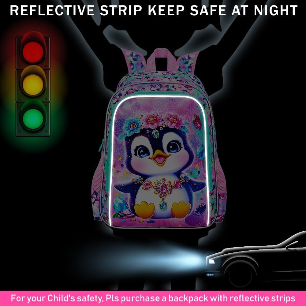 16" Girls Backpack, 16" Kids Bookbag with Lunch Box，Penguin School Backpacks for Elementary Preschool Kindergarten (Pink)