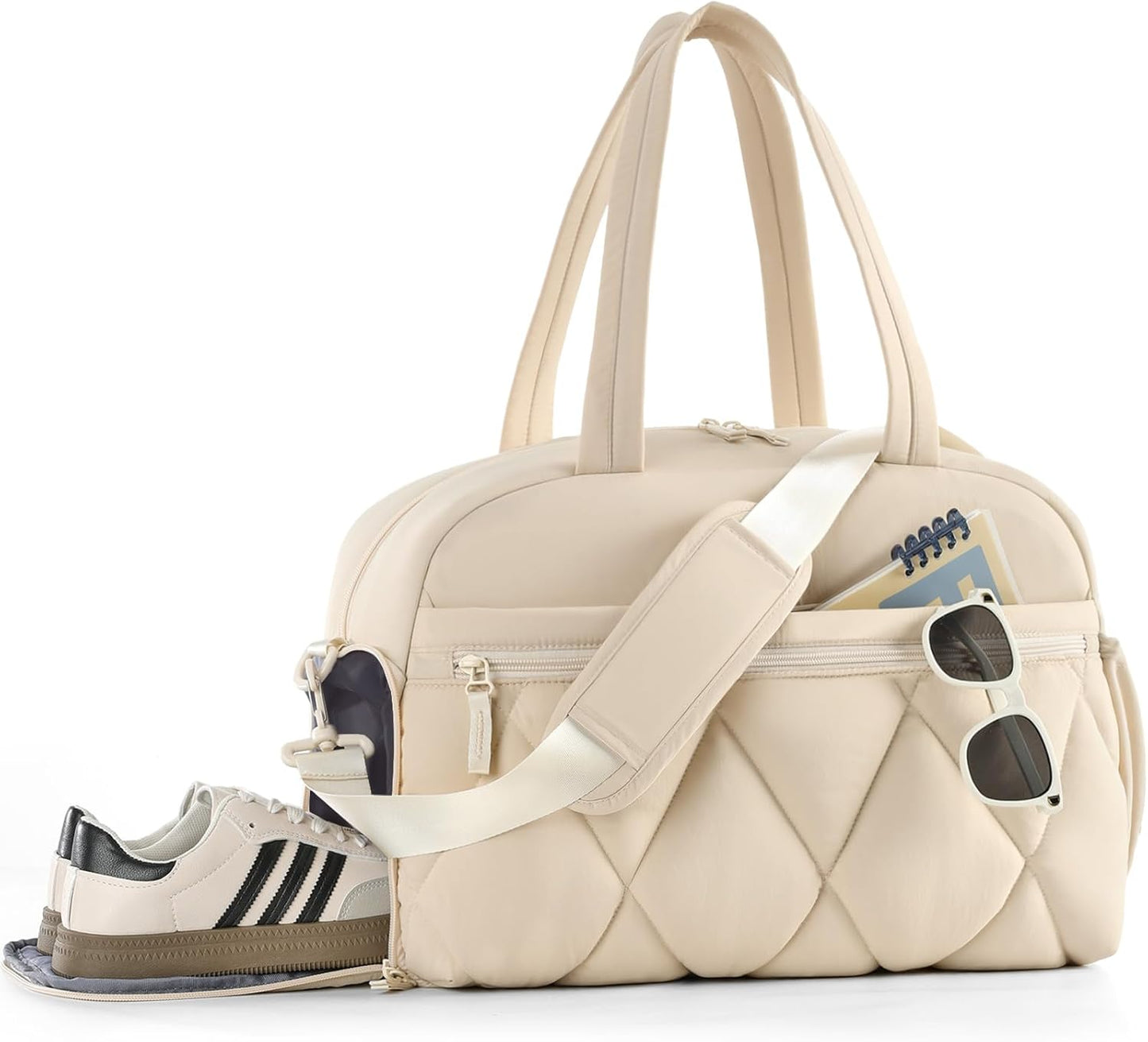 Gym Bag for Women, Puffer Travel Duffle Bag With Shoes Compartment & Wet Pocket, Carry On Tote Bag For Weekender, Overnight, Sport (Beige)