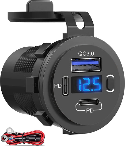 12V USB Outlet, Dual USB C Car Charger Socket & Quick Charge 3.0 Port with Voltmeter and Power Switch for Car Boat Marine Truck