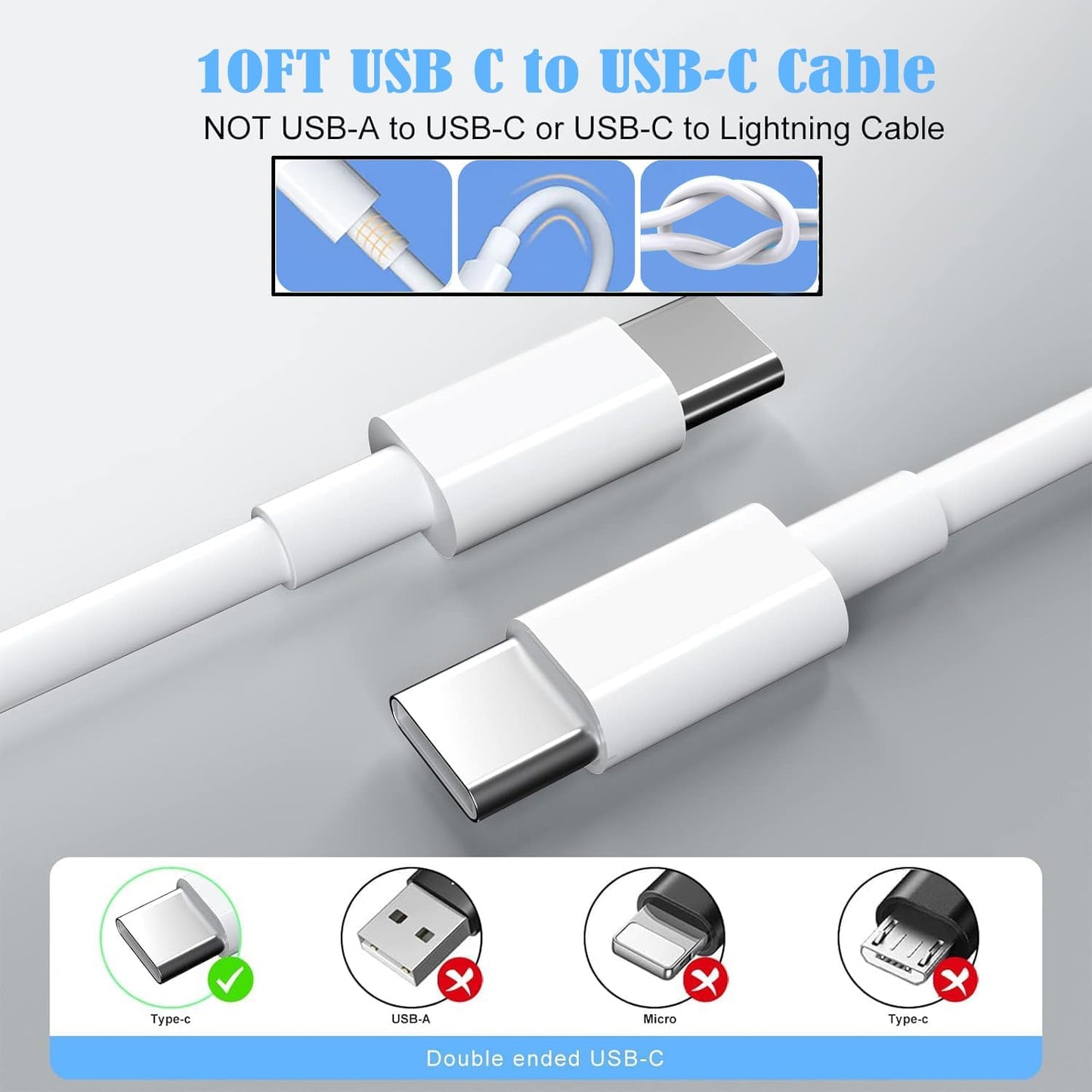 10FT Fast Charging Cord for iPhone 17 16e 15,3Pack Extra Long 10Foot USB C to Type C Charger Cable 20W USBC Charger Block Cube Super Quick Charging for iPhone 17 Air/17 16 15 Pro/Plus/Pro Max,iPad Pro