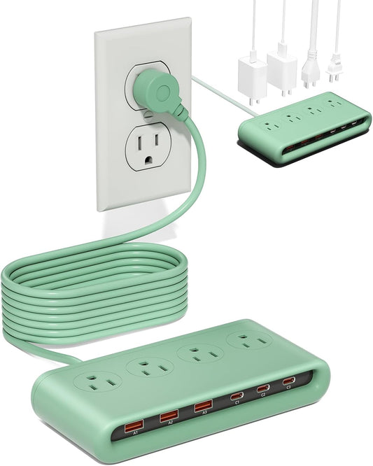 10 in 1 Flat Plug Power Strip with USB C, PD20W Fast Charging Station with 4 Outlets and 6 USB Port（3 Type C+3 USB A, 5ft Extension Cord, Non Surge Protector for Travel (Green)