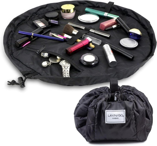 Lay-n-Go Cosmo Layflat Drawstring Cosmetic & Makeup Bag Organizer w/Zipper Pocket, Brush Loops & More, Cinch to Close, Lay Flat to Use, Durable, Machine Wash, Travel Toiletry Bag (16", Black)