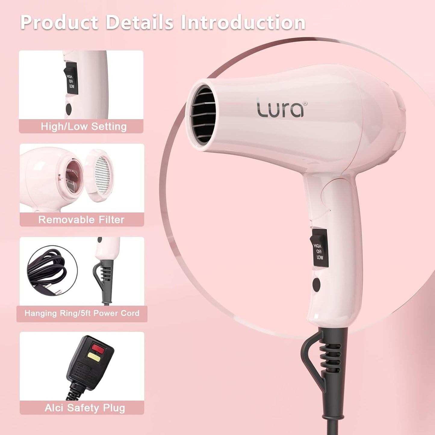 LURA Smart Dual Voltage HairDryer: Mini Travel Hair Dryer for Women,1200w Small Portable Blow Dryer with Pouch for Gym(Pink)