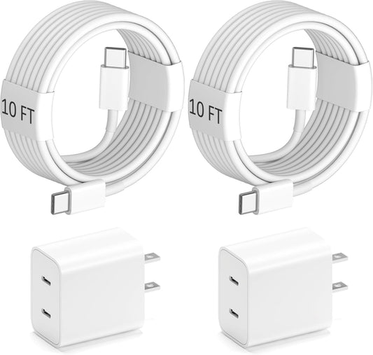 10ft Cable for Apple iPhone 16 15 Charger, Dual C Fast Charging, 2in1 Double C Fast Charge Block with Long USB C to C Charge Cord for iPhone 16 Pro Max/16 Pro/16/16E, 15 Pro Max/15 Pro/15 Plus, 2Pack