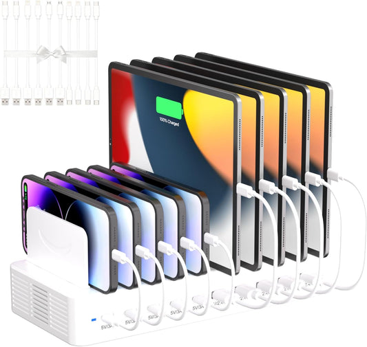 100W Charging Station for Multiple Devices, 10-Port USB Fast Charging Station with Adjustable Dividers & 10 Cables- Multi Device Organizer Charging Dock for iPhone, iPad, Tablets & More