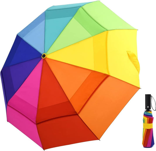 LEAGERA Rainbow Umbrella for Adults - Smal Travel Umbrellas for Rain&Sun, Small, Compact, Light, Folding and Portable Rainbow Umbrella For Backpack Umbrella, Automatic Open