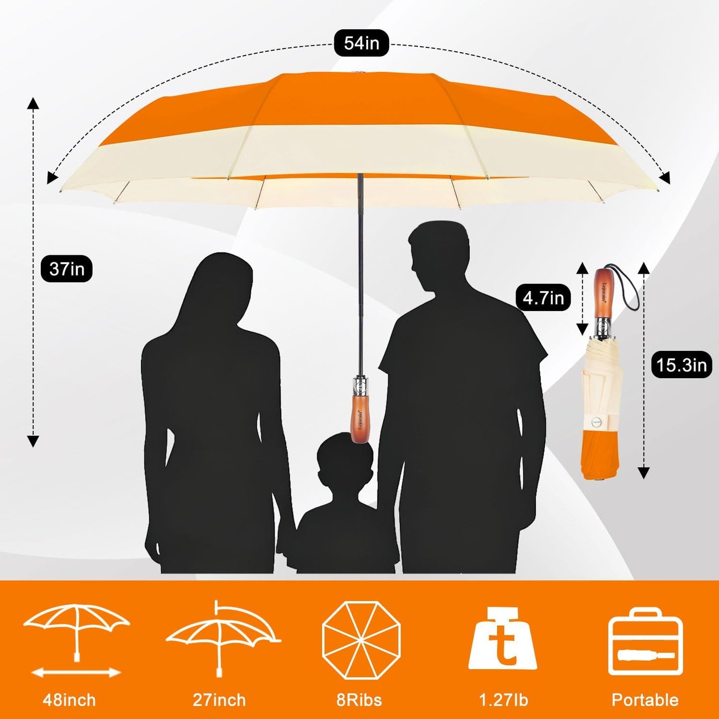 Lejorain Compact Golf Umbrella Large - 54inch Travel Big Portable Automatic Folding Umbrella Windproof for Men Heavy Duty 210T Dupont Teflon Coated Umbrella for Rain