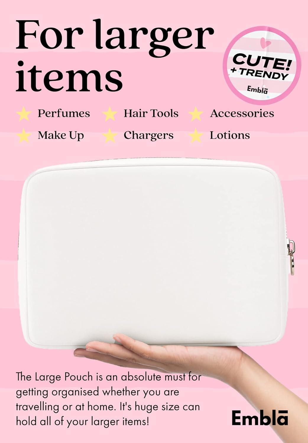 Embla Makeup Bag Travel Cosmetics Pouch and Toiletry Bag, Nylon Zipper Pouch Purse, Cute Make Up Organizer Storage Tote for Women Girls, Waterproof Travel Skincare Case, Large Makeup Bags, White