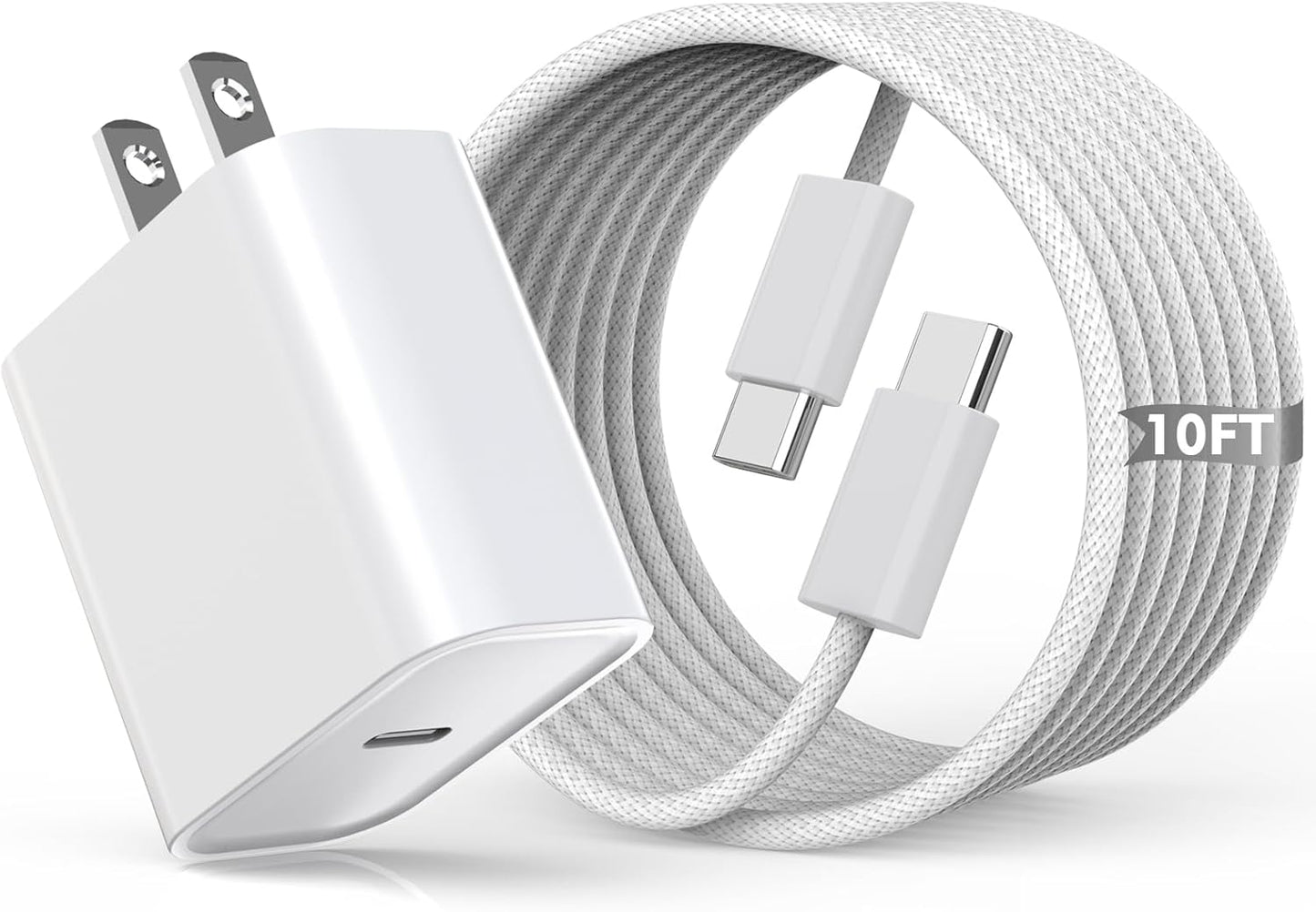 10FT Woven Cable for Apple 17 16 15, 60W 10Foot USB C to Type C Braided Charger Cable Cord & 20W USB C Charger Block Cube Travel Plug Super Quick Charging for iPhone 17 16 15/Plus/Pro/Pro Max,iPad Pro