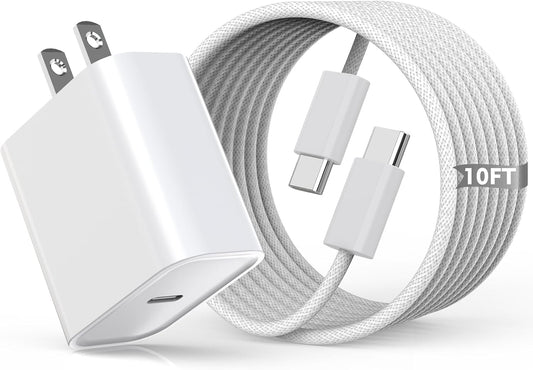 10FT Woven Cable for Apple 17 16 15, 60W 10Foot USB C to Type C Braided Charger Cable Cord & 20W USB C Charger Block Cube Travel Plug Super Quick Charging for iPhone 17 16 15/Plus/Pro/Pro Max,iPad Pro