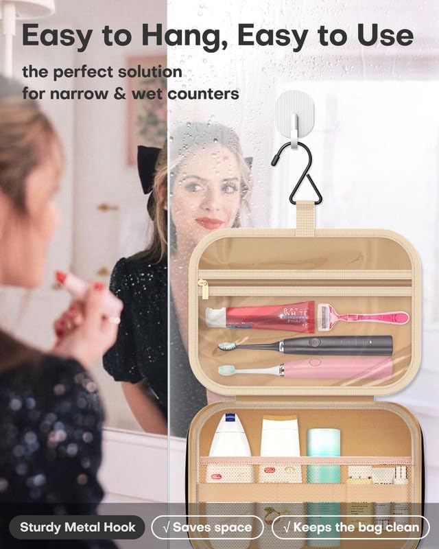 HOTOR Travel Toiletry Bag for Women & Men, Waterproof Makeup Bag with Hanging Hook and Multiple Pockets, Cosmetic Bags for Women, Travel Essentials, 11.2'' x 3.2'' x 8.9'', Black & Brown