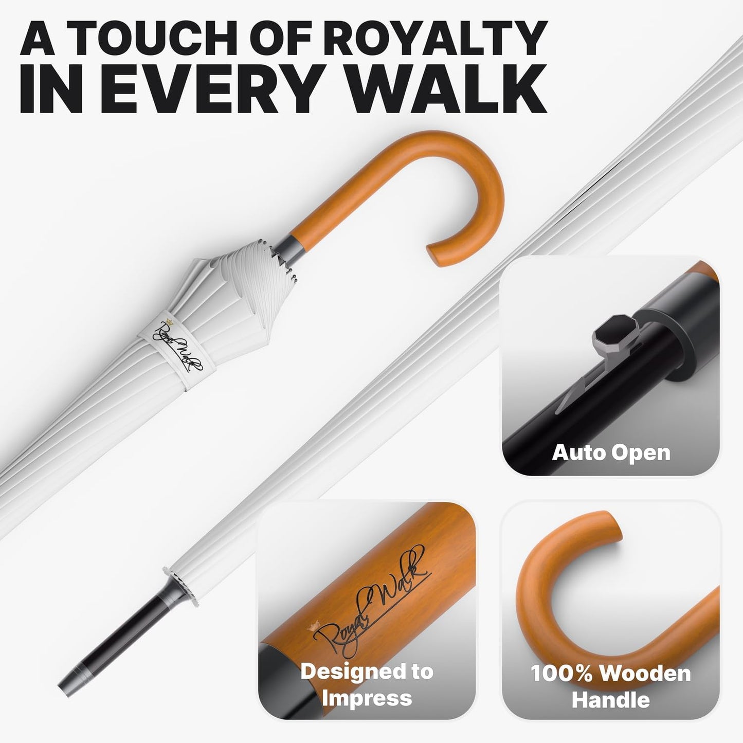 Royal Walk Windproof Large Umbrella for Rain 54 Inch Automatic Open for 2 Persons Wind Resistant Big Golf Umbrellas for Adult Men Women Classic Wooden Handle Fast Drying Strong 16 Ribs Travel 120cm