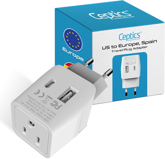 Ceptics 3 in 1 European Travel Plug Adapter - Compact Type C Adapter with USB-A & USB-C, Ideal for Phones, Laptops, Cameras & More, Perfect for Belgium, France and other EU countries - CTU-9C