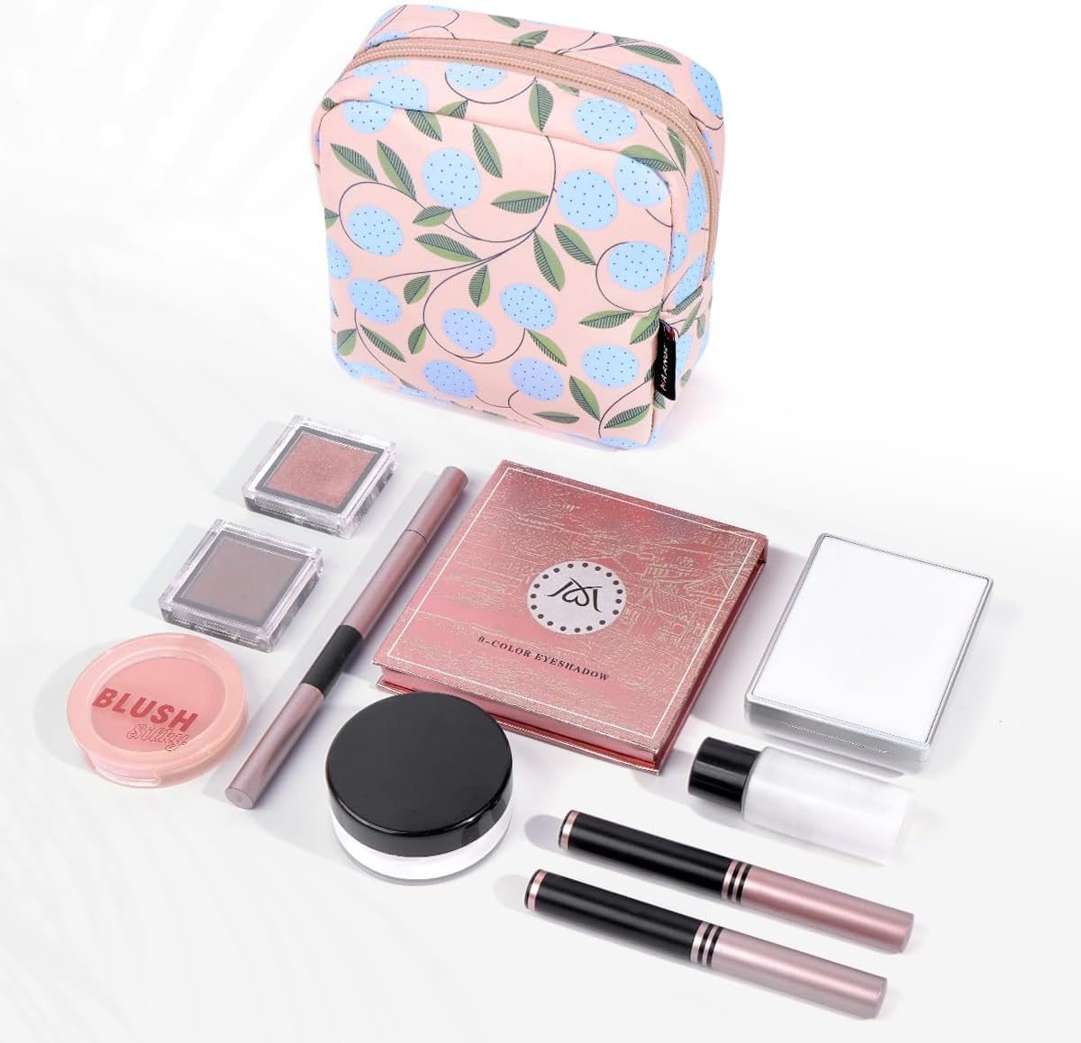 MAANGE Small Makeup Bag for Purse, Portable Cosmetic Bag, Mini Makeup Bag with Slip-in Pockets, Cute Make Up Bag, Pouches for Purse Women (Pink Plants)