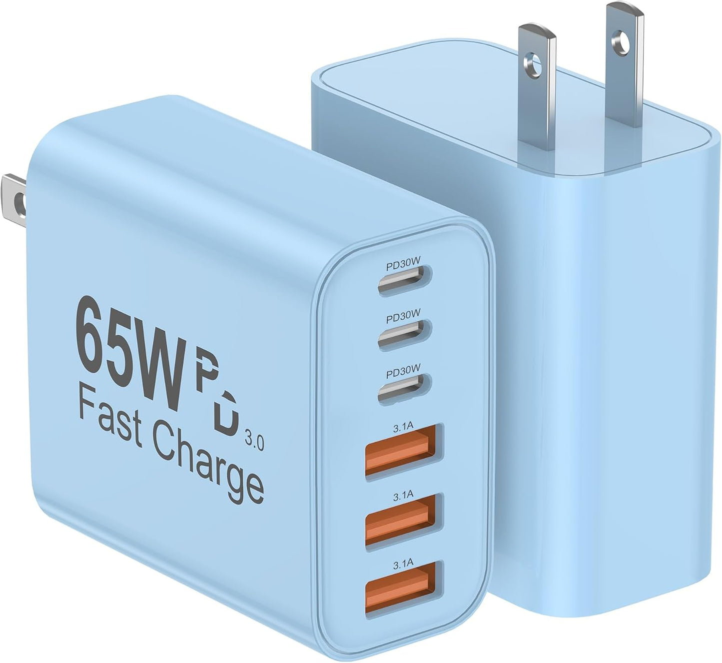 USB C Charger Block, 2-Pack 65W 6-Port USB C Wall Charger iPhone Charger Fast Charging PD Power Adapter+QC Wall Plug Multiport Type C Brick Chargers for iPhone 17 16 15 14 13 12 11 Pro Max XS,Blue