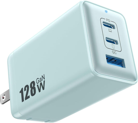 128W USB C Wall Charger,GaN III 3-Port Fast Charging Station,PD QC Foldable Charger Block Portable 65W Laptop Adapter for MacBook Pro/Air,iPad Pro,Galaxy S23,Dell XPS 13,iPhone 17/16/Pro etc