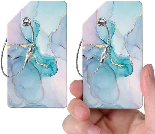 2 Luggage Tags, (1" Smaller Than Traditional) Perfect for Quick Luggage Identification with Stainless Steel Ring and Address Card for Travel and Luggage (Blue Marble)